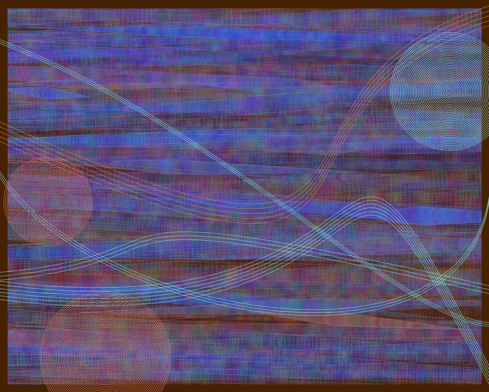 Three circles: one large cyan and two large copper, over a canvas of cobalt and copper strokes and hatching