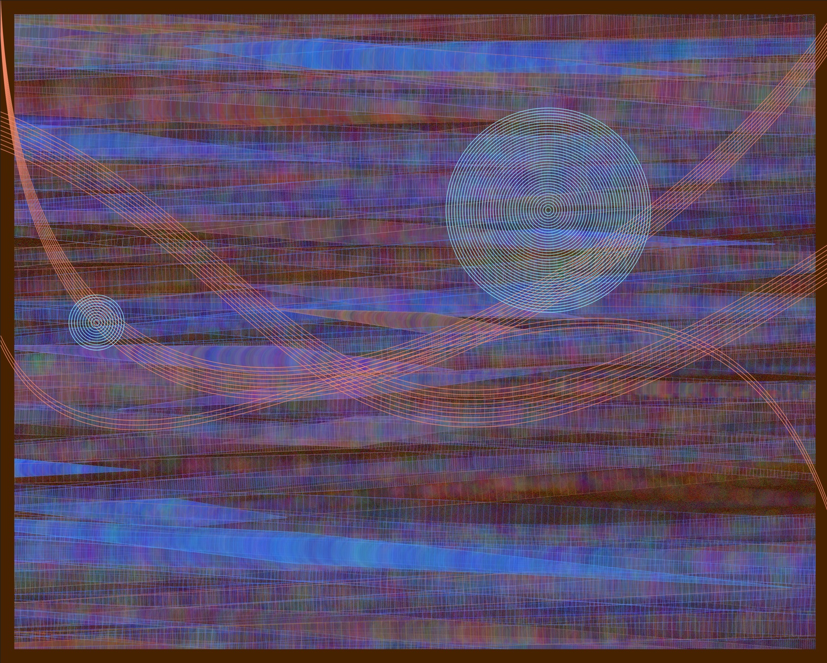Two circles: one large and one small, both cyan, over a canvas of cobalt and copper strokes and hatching