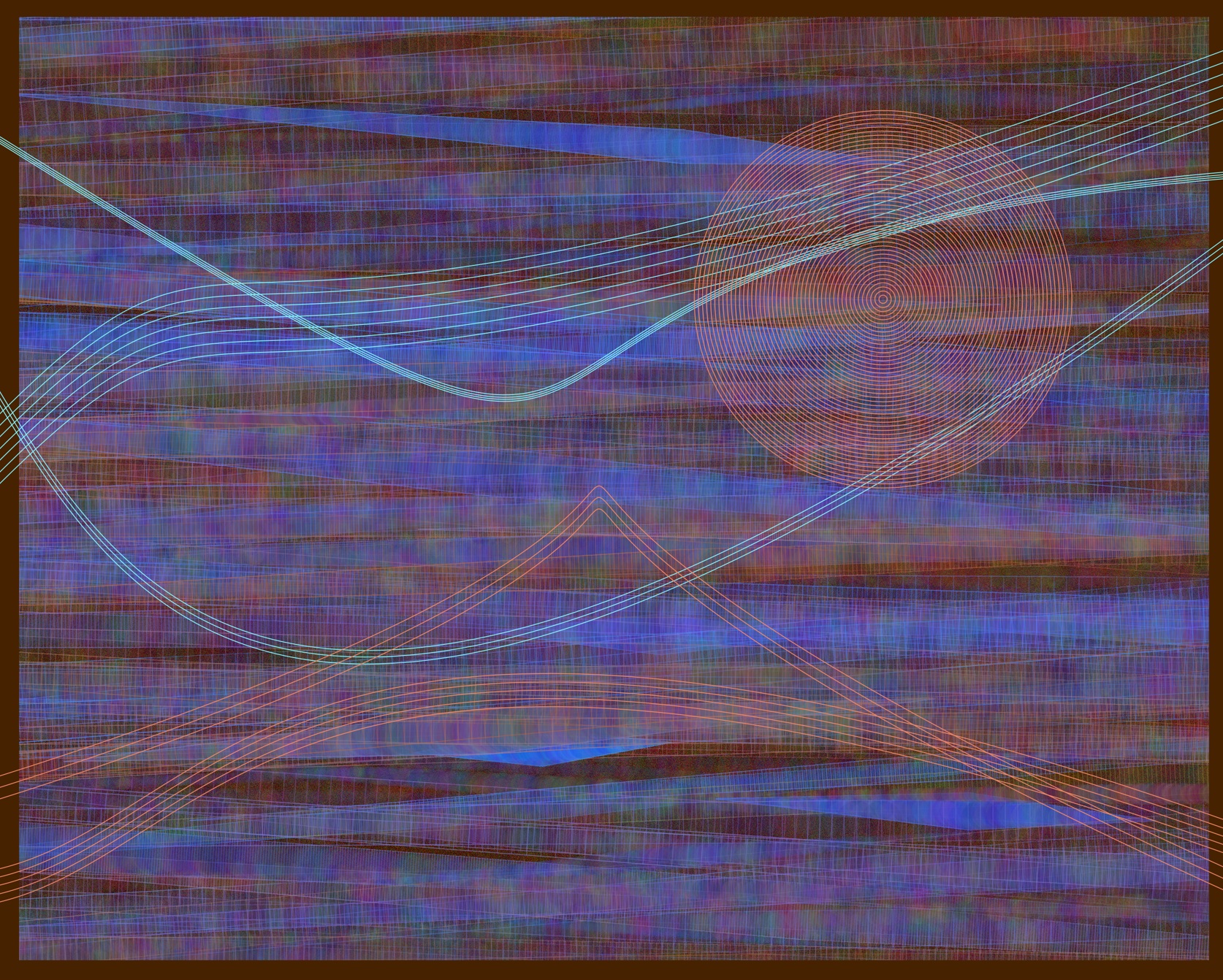 One large copper circle over a canvas of cobalt and copper strokes and hatching