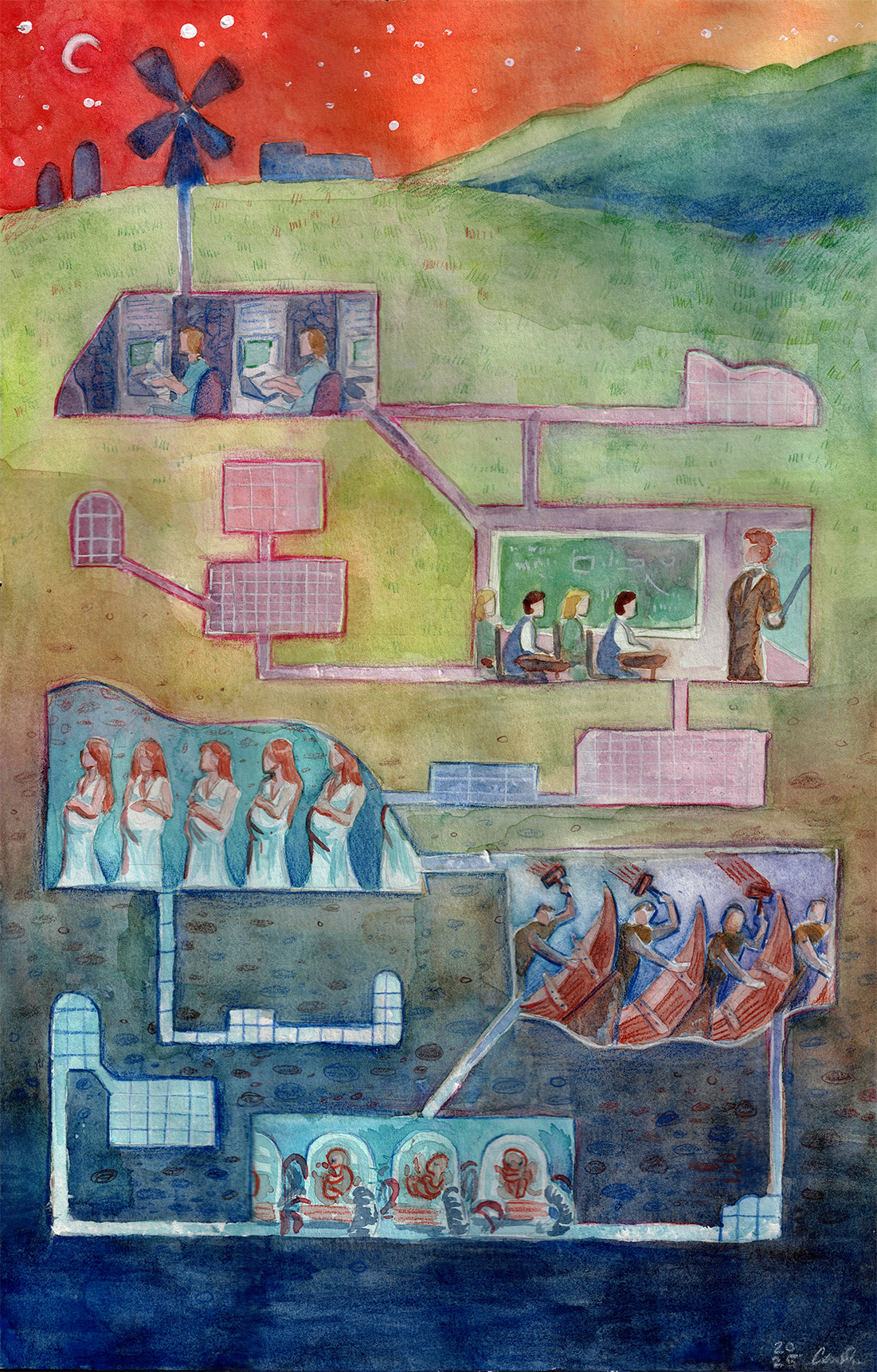 Fan-made book cover of Kate Wilhelm's 'Where Late The Sweet Birds Sang' in watercolor. In the horizon is the silhouette of a windmill over a red starry sky. A tunnel beneath the windmill opens into secret rooms illustrated as an underground map, depicting men working at large computers, students in a classroom, a line of pregnant women, men building canoes, and clone fetuses in tanks.